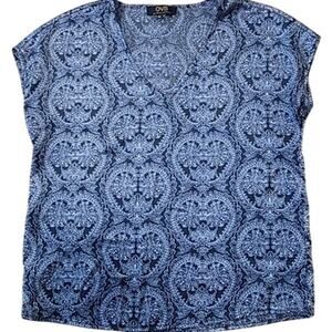 OVS Paisley V Neck Tunic Blouse Navy Print S Casual Minimal Summer Chic